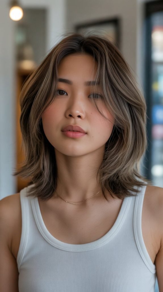 28. Layered Long Bob with Curtain Bangs for Fine Hair