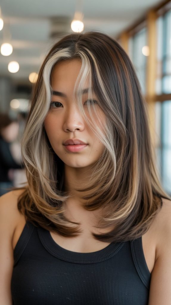 27. Long Bob with Curtain Bangs and Ribbon Highlights