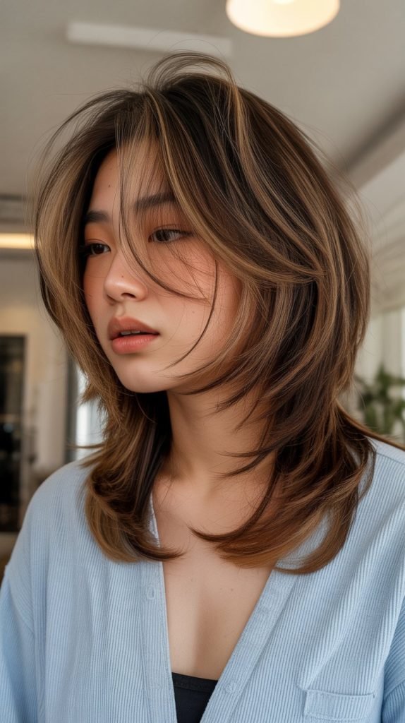 3. Layered Long Bob with Wispy Curtain Bangs