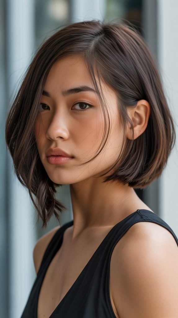 7. Side-Swept Long Bob with Asymmetric Curtain Bangs