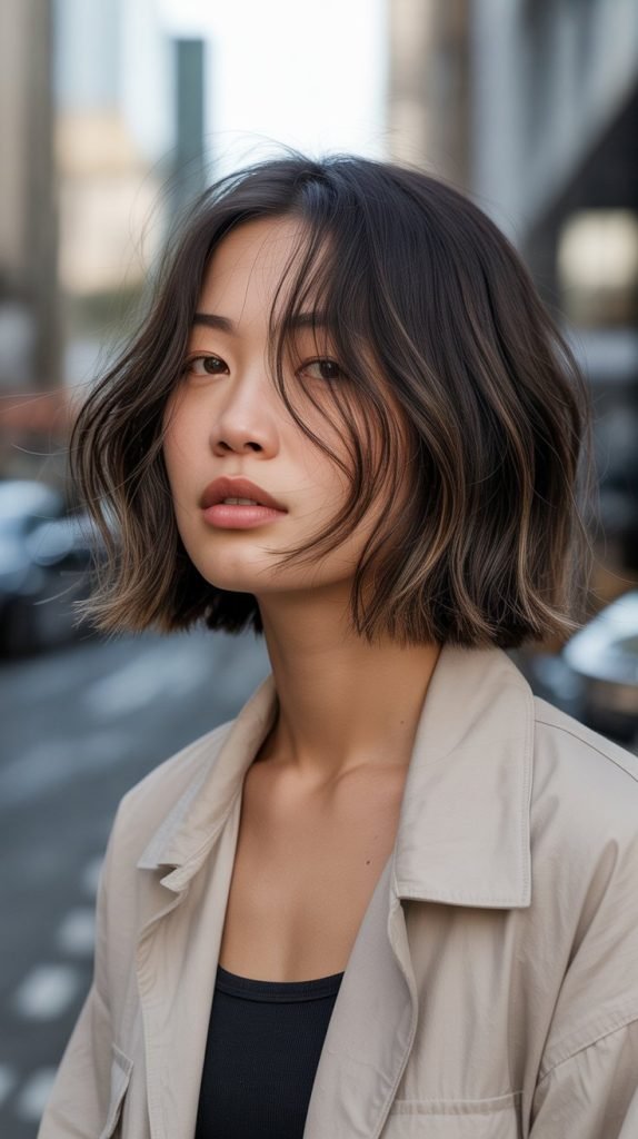 19. Natural Long Bob with Feathered Curtain Bangs