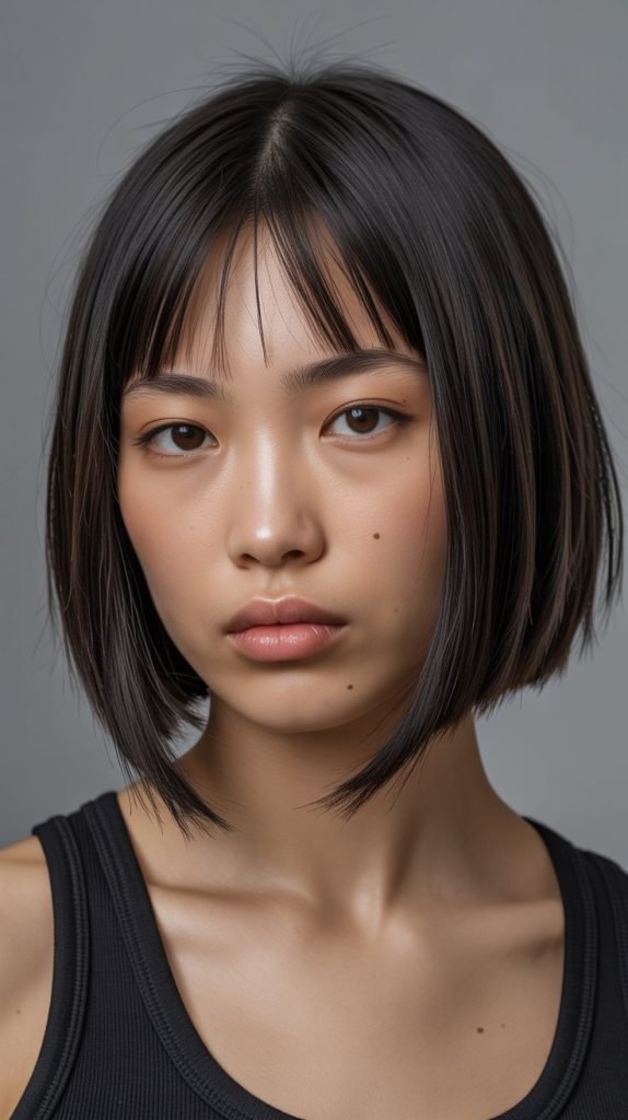 15. Precision Long Bob with Geometric Curtain Bangs