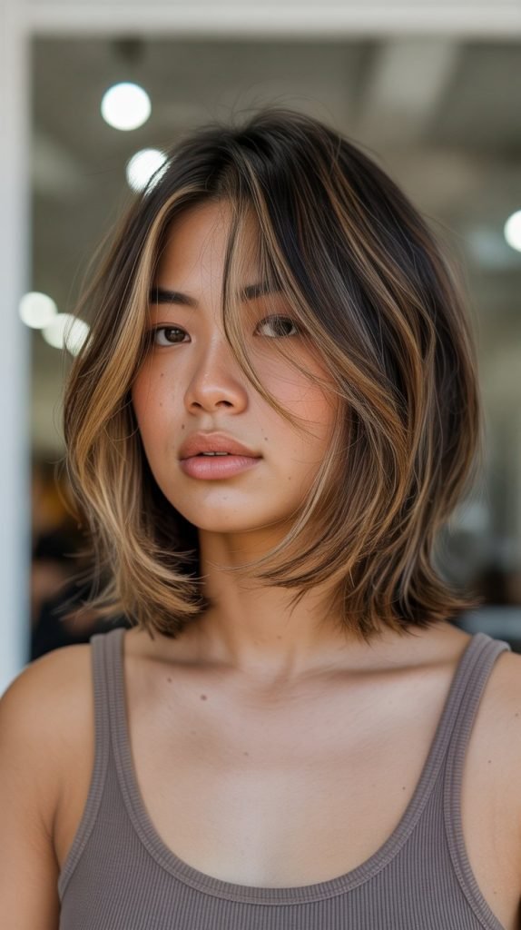 11. Textured Long Bob with Curtain Bangs and Highlights