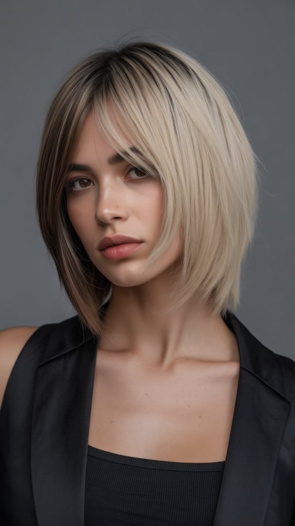 21. Long Bob with Curtain Bangs and Asymmetrical Cut