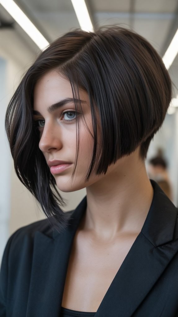 Asymmetrical Stacked Bob with Dramatic Side Part