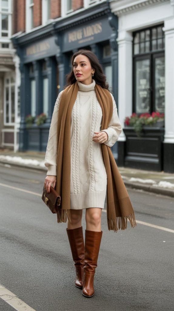 4. Cream Sweater Dress with Tall Boots
