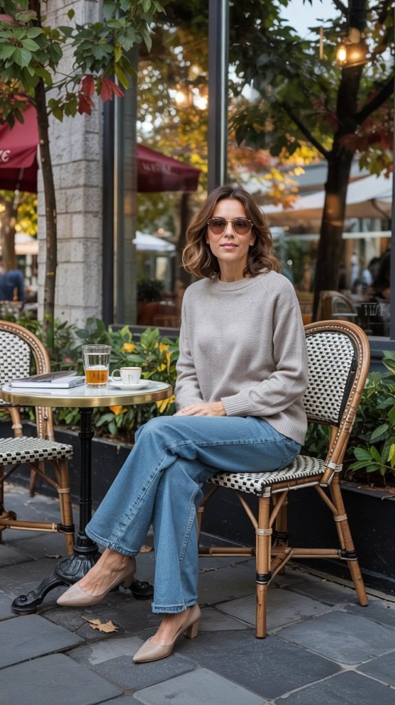 Cashmere Sweater with Wide-Leg Jeans