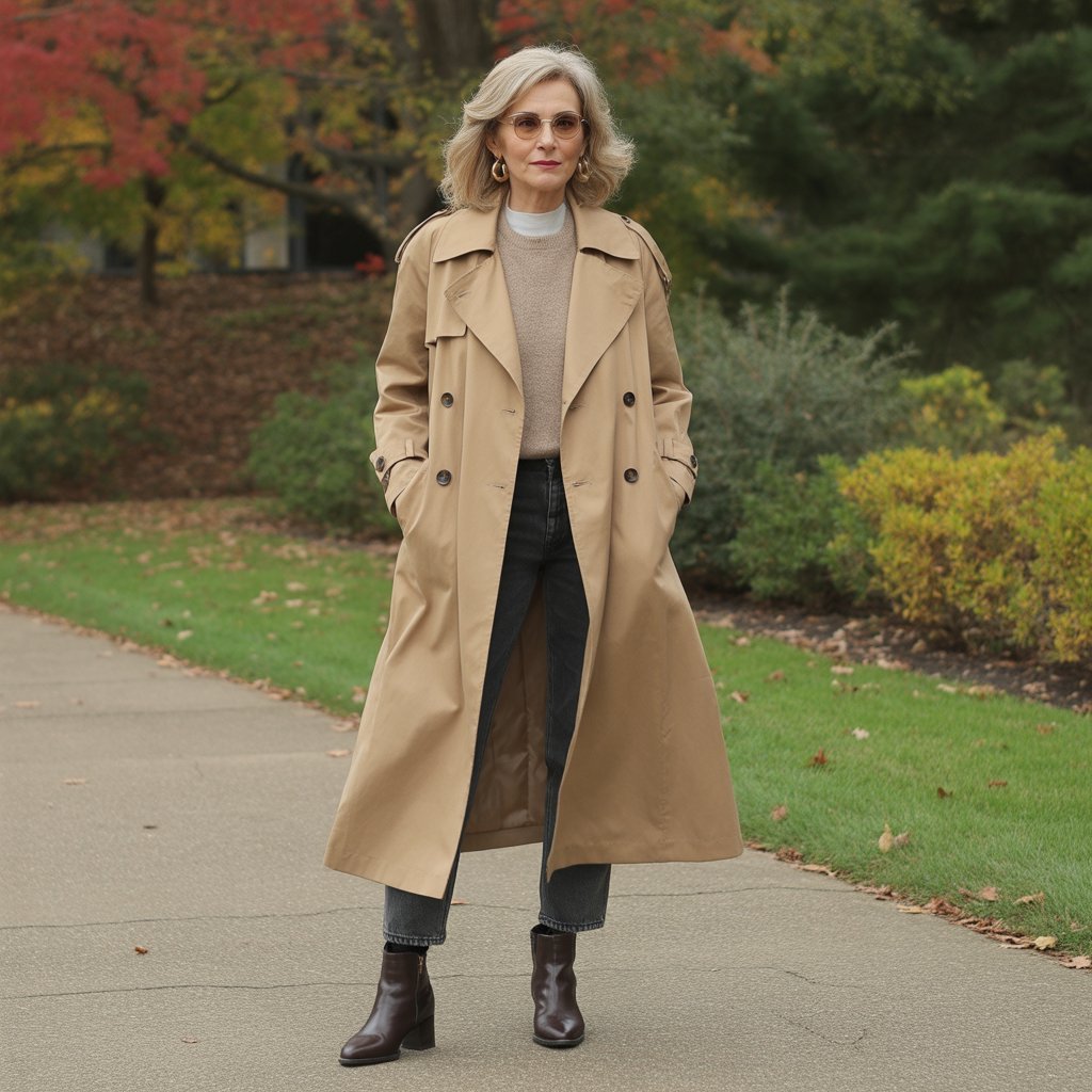 1. Classic Trench Coat with Dark Denim