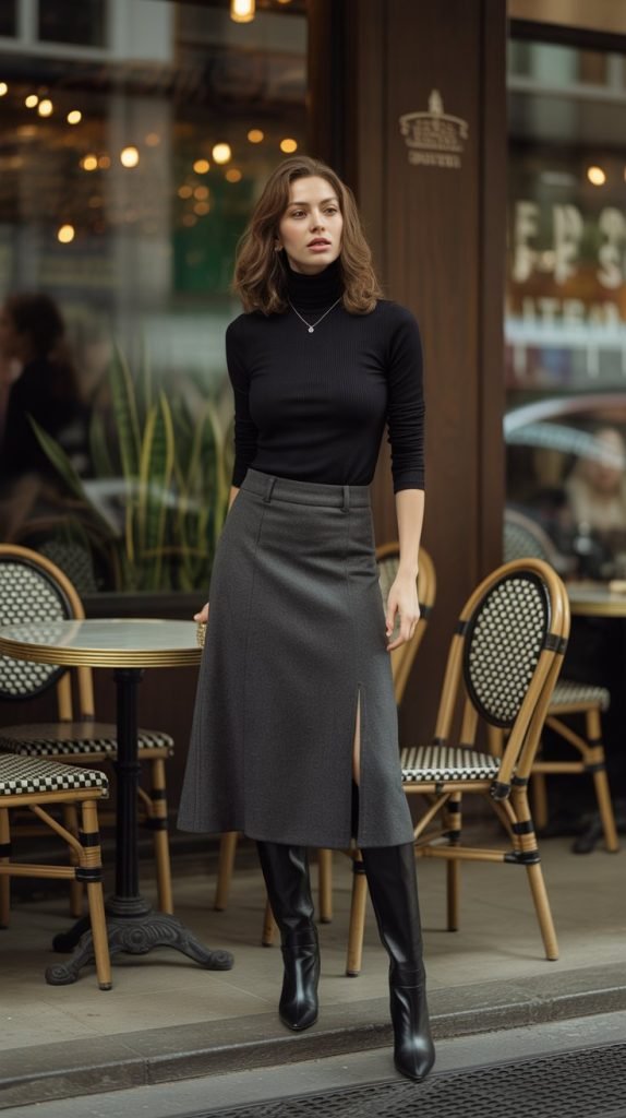 18. Turtleneck with Midi Skirt and Boots