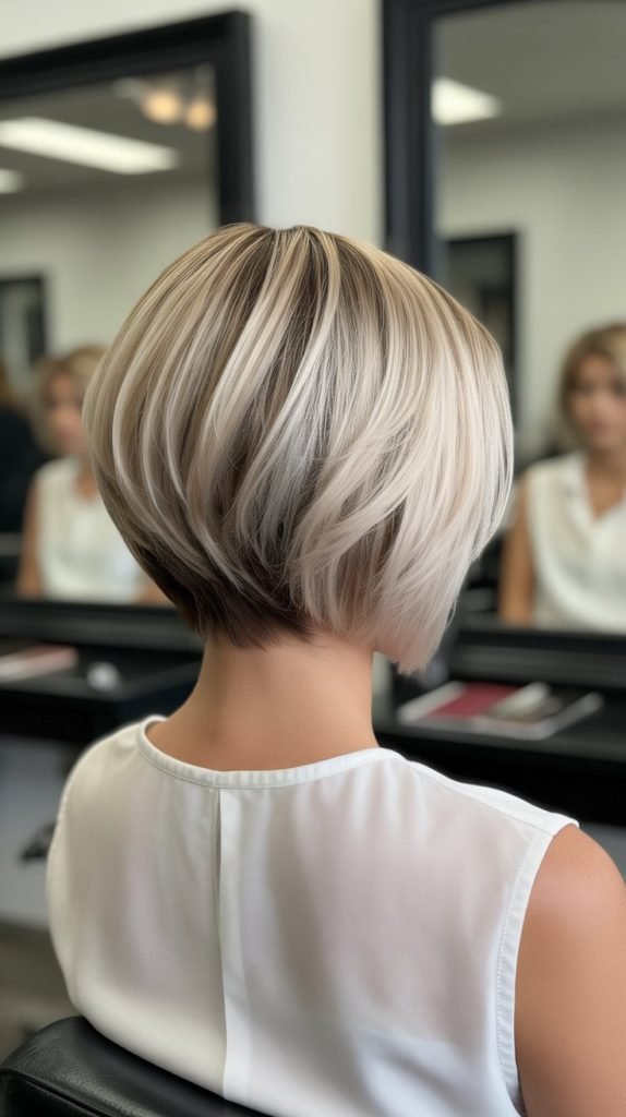 Inverted Blonde Balayage Bob with Stacked Back