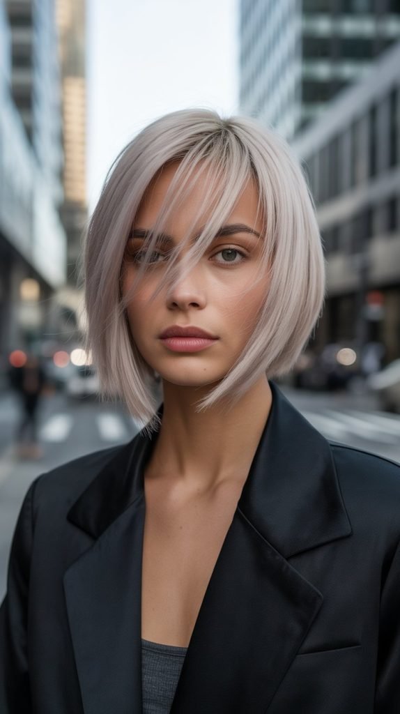 Asymmetrical Lob with Side-Swept Curtain Bangs