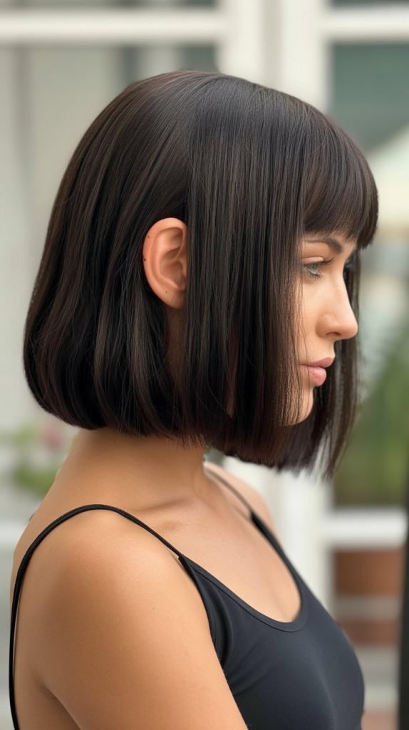 3. Blunt Long Bob with Soft Curtain Bangs