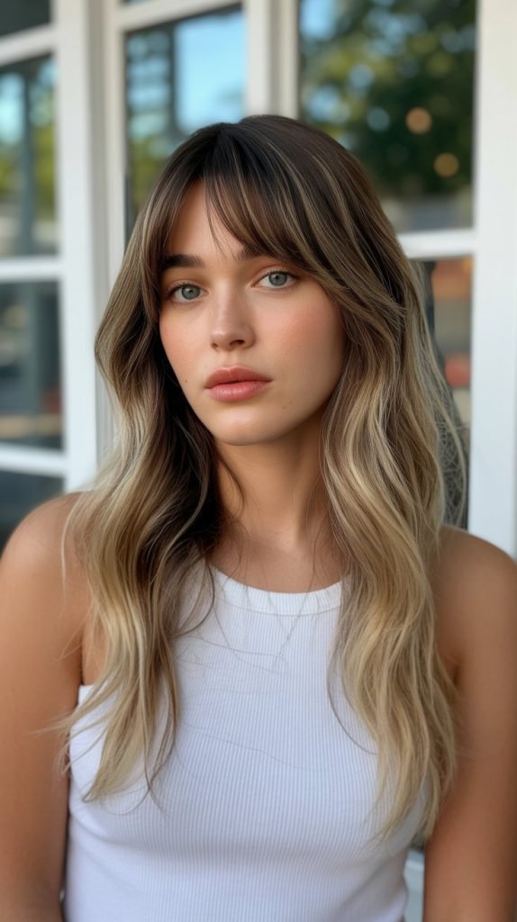 28. Balayage with Curtain Bangs