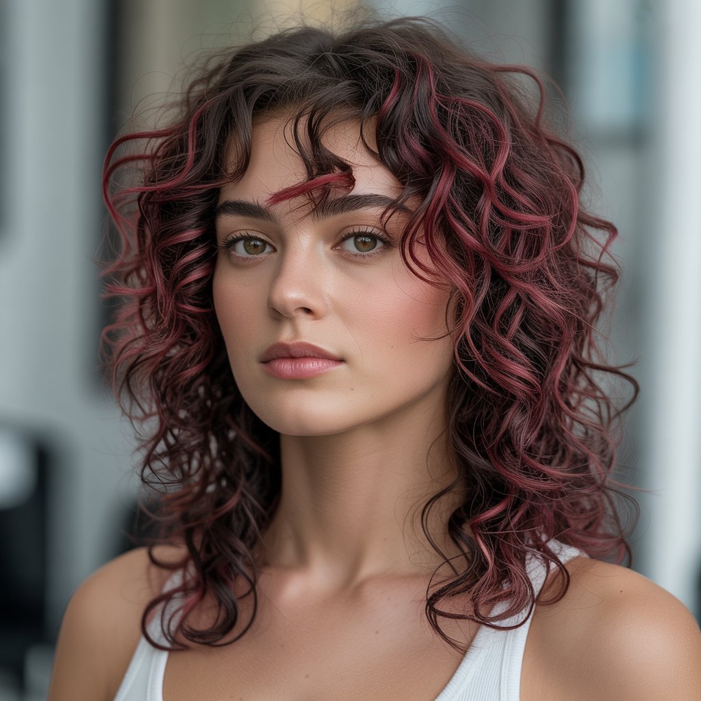 23. Chocolate Cherry Highlights for Bold Brunettes