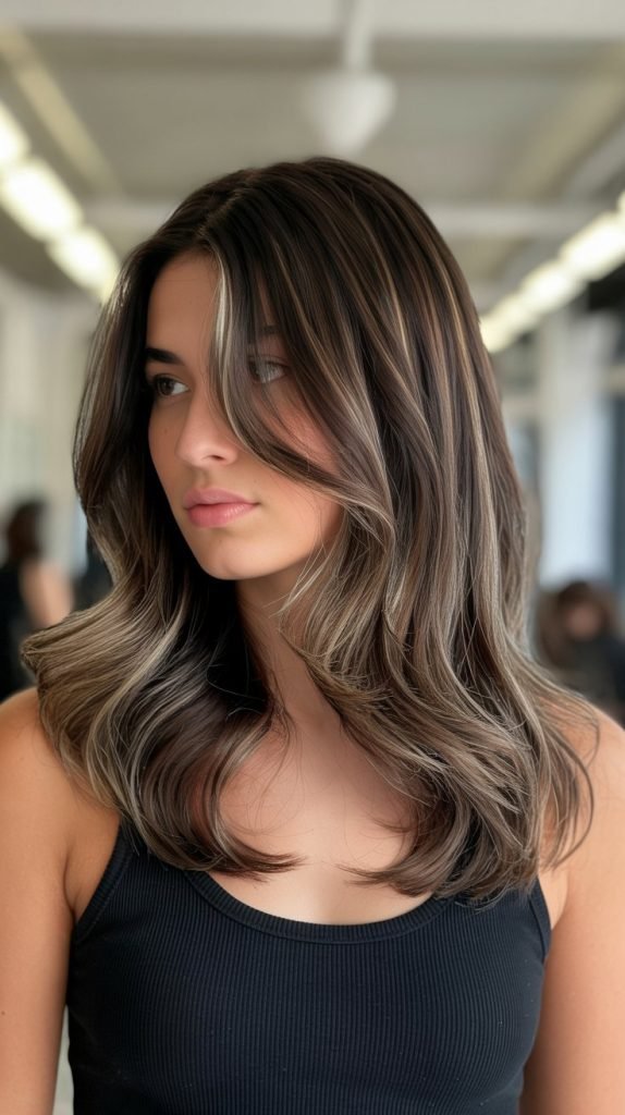 9. Cool-Toned Espresso Balayage