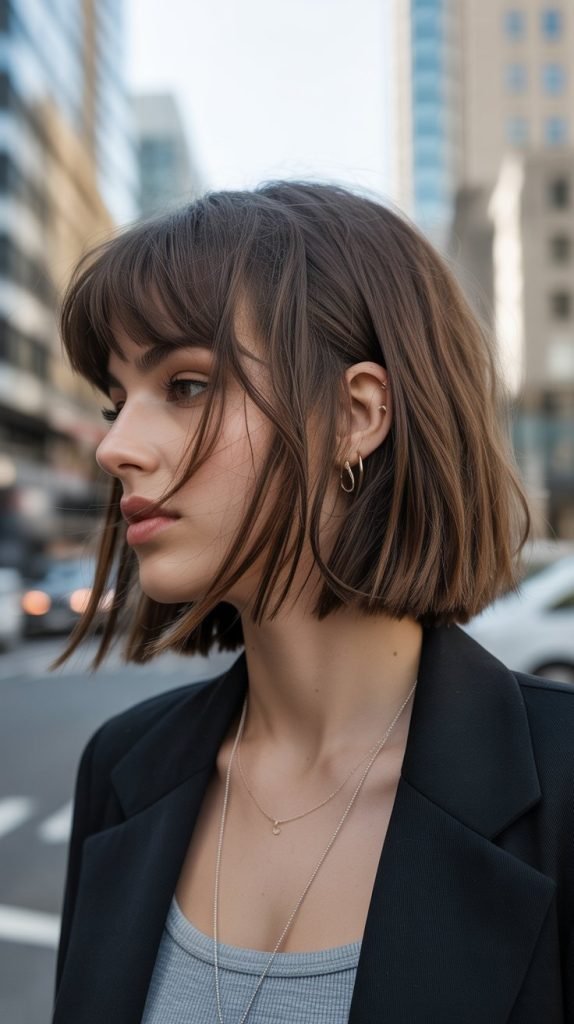 8. Choppy Long Bob with Edgy Curtain Bangs