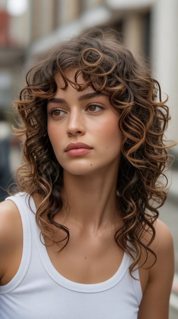 13. Caramel Highlights on Curly Brunette Hair