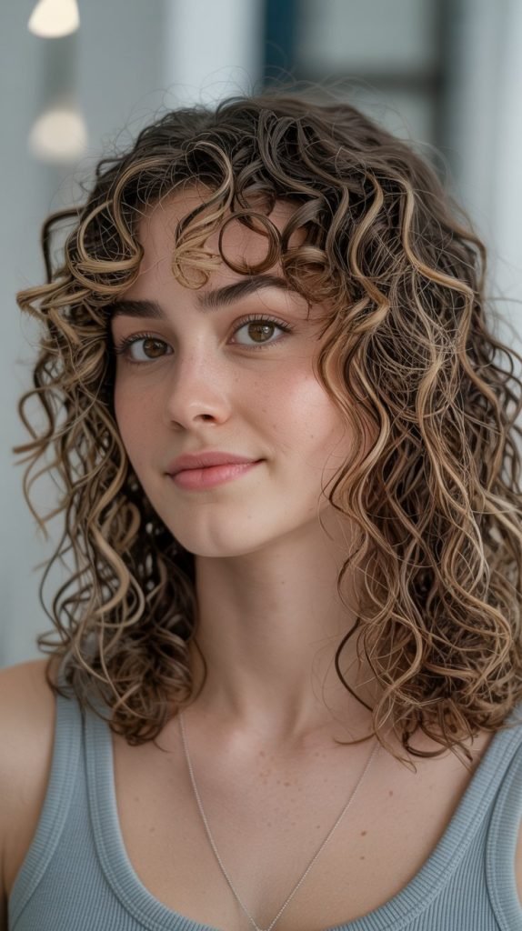 18. Ash-Brown Highlights on Curly Hair