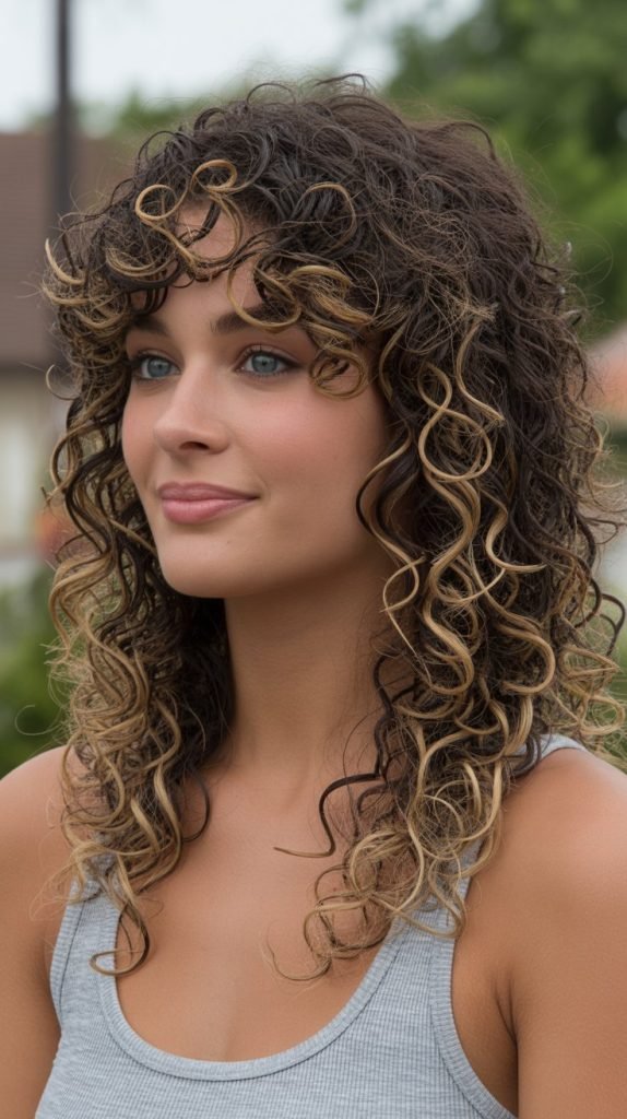 30. Blonde Highlights on Curly Dark Brown Hair