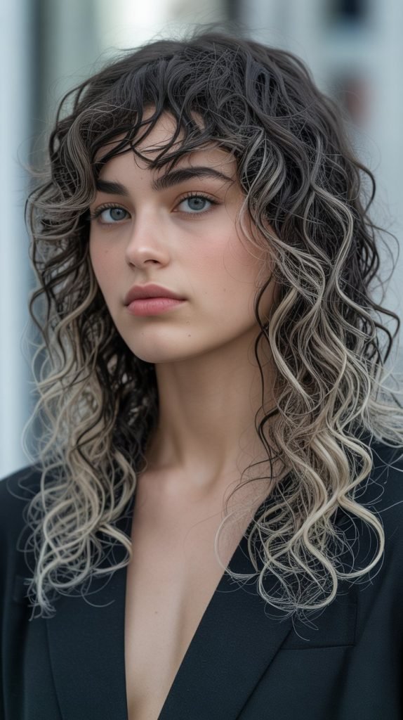 25. Icy Blonde Highlights on Dark Curls