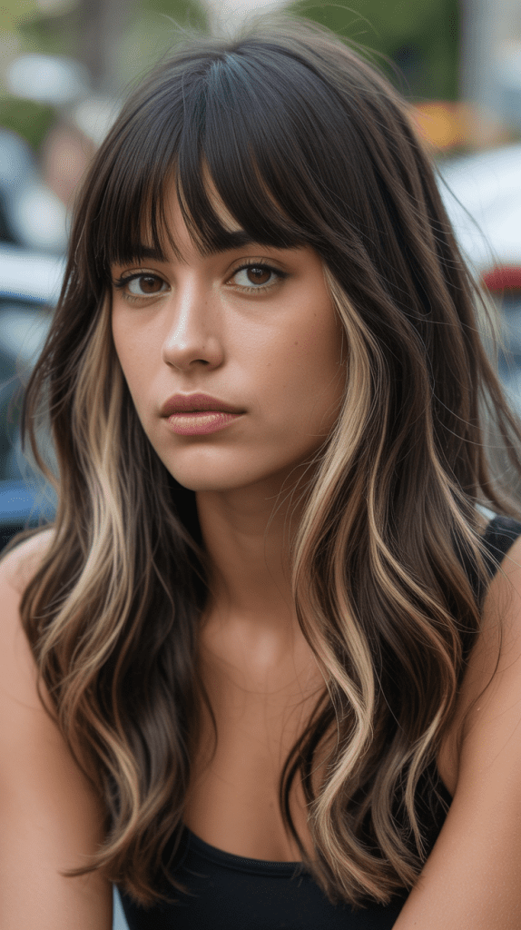 Blonde Highlights on Dark Hair with Bangs