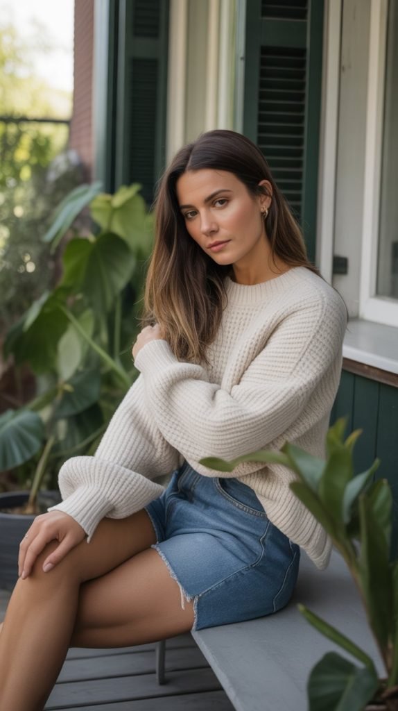 Denim Shorts with Cozy Sweater
