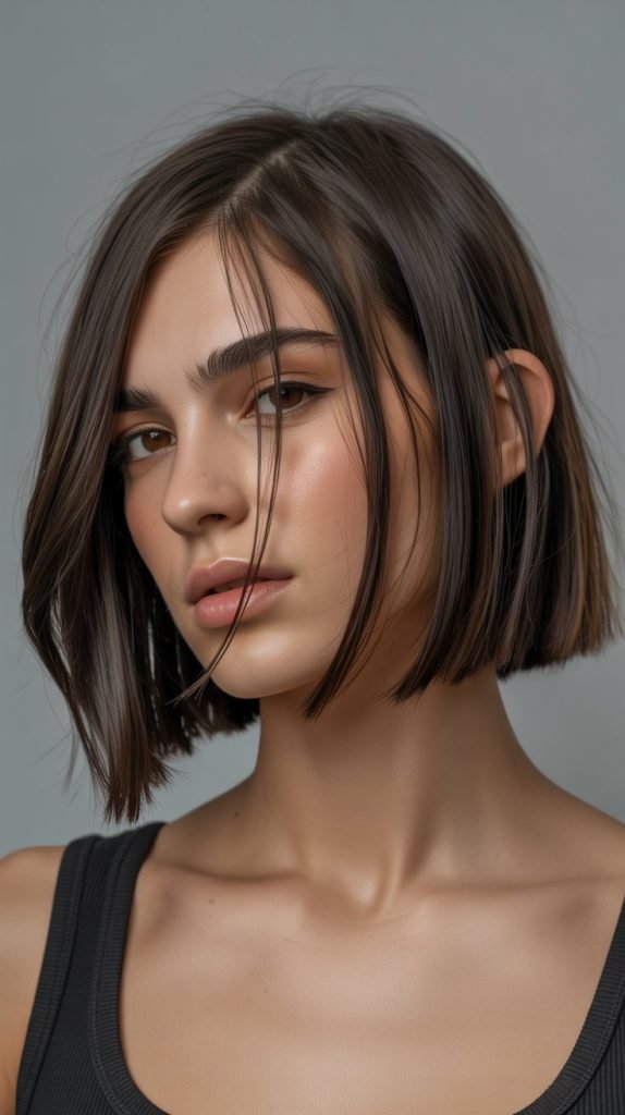 Asymmetrical Long Bob with Side-Swept Curtain Bangs