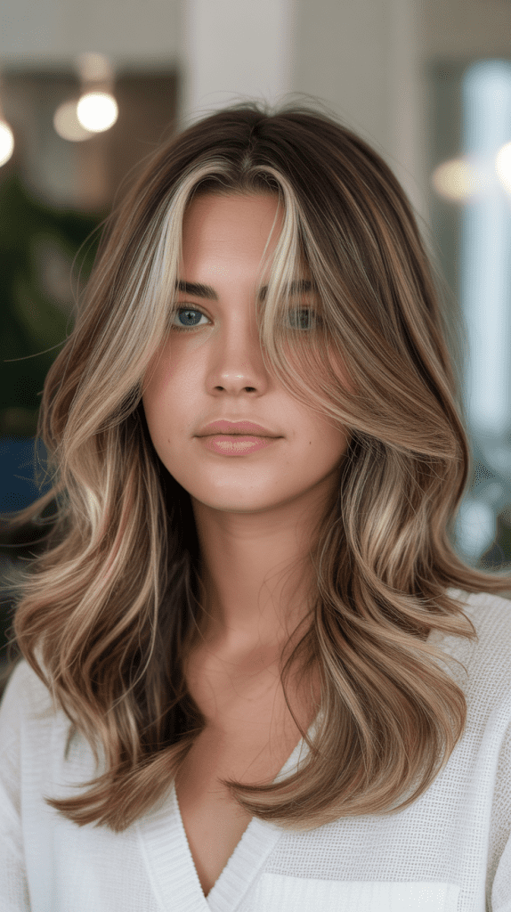 Caramel and Blonde Ribbons Through Face-Framing Layers