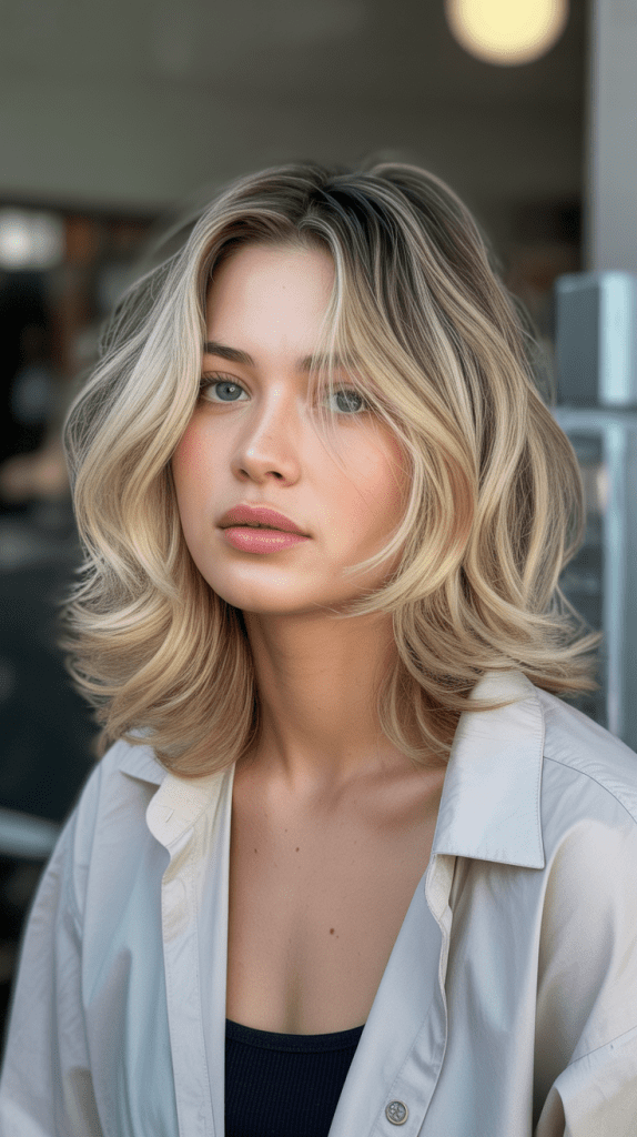 Nordic Blonde Highlights on Feathered Mid-Length Layers