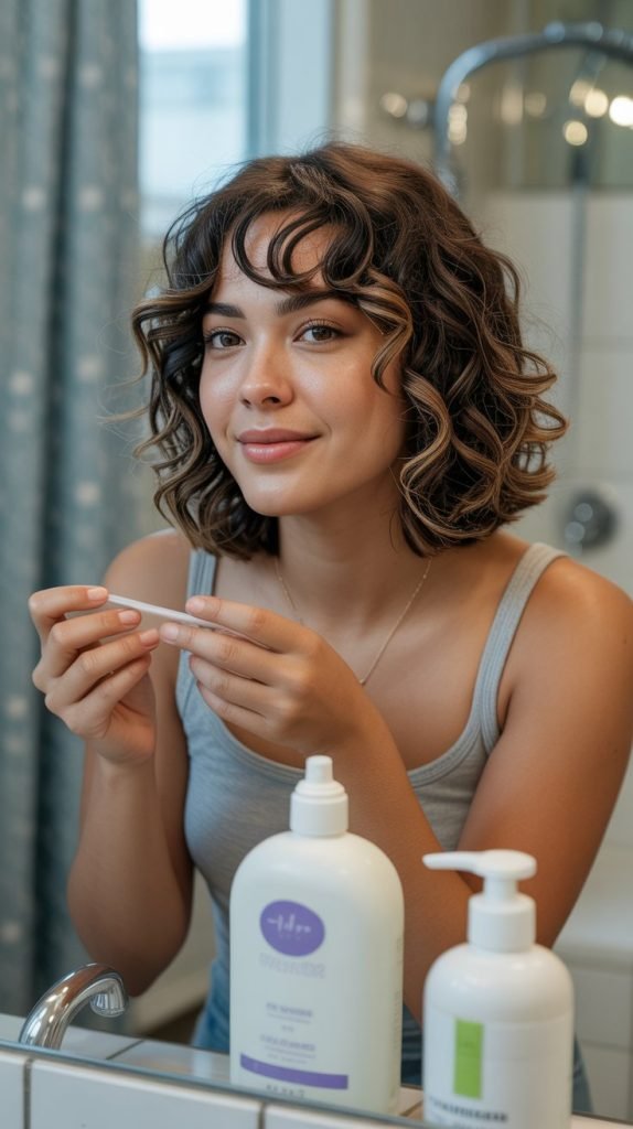 Maintaining Your Curly Bob with Curtain Bangs
