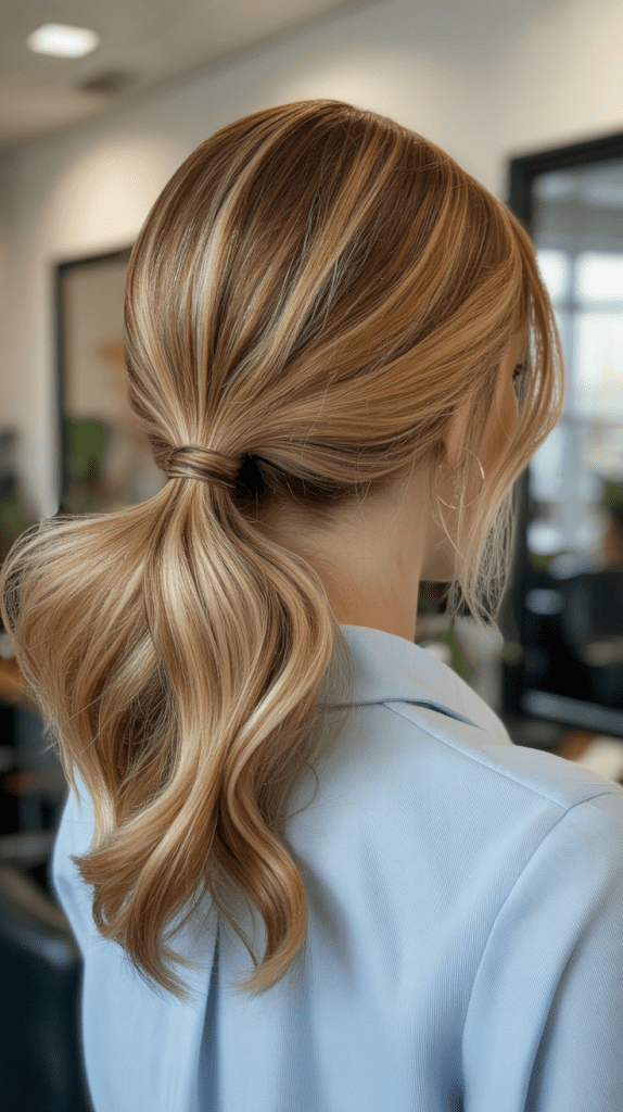 Butterscotch Blonde Highlights with Layered Ponytail