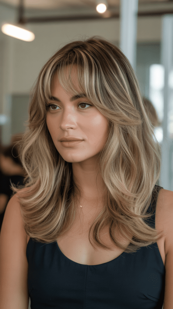Toasted Coconut Blonde with Layered Curtain Bangs