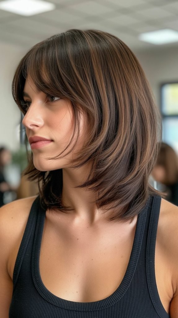 2. Layered Long Bob with Face-Framing Curtain Bangs