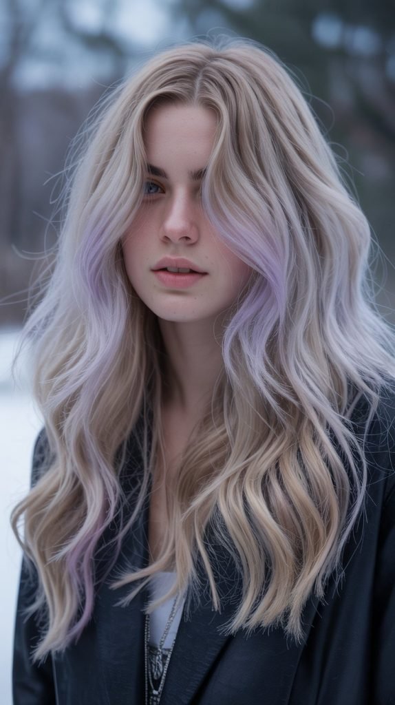 14. Ash-Blonde Highlights with Purple Tones