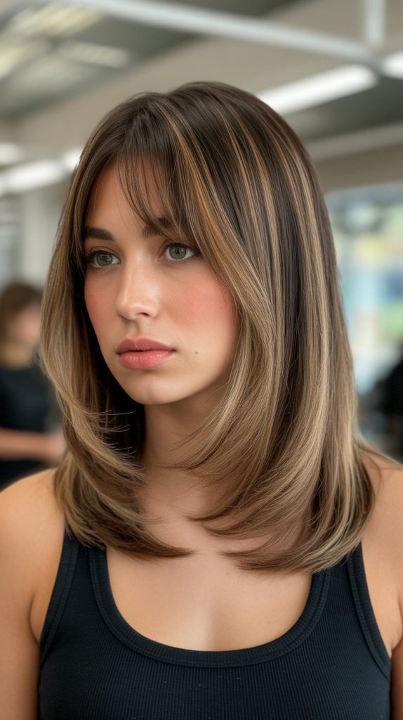18. Long Bob with Curtain Bangs and Dimensional Lowlights