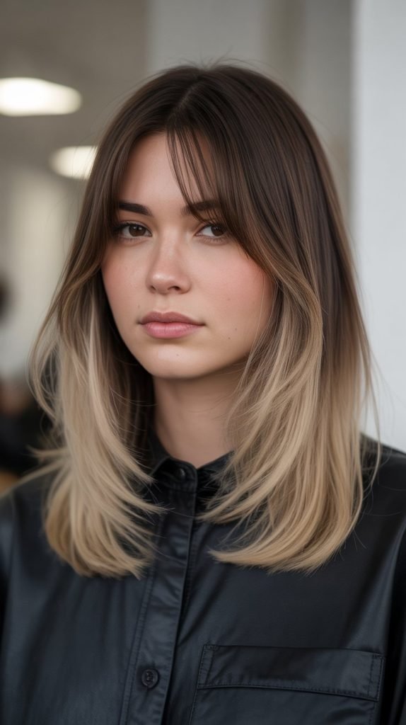 21. Long Bob with Curtain Bangs and Ombré Color