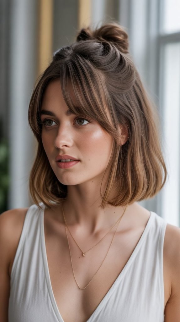 28. Long Bob with Curtain Bangs and Half-Up Styling