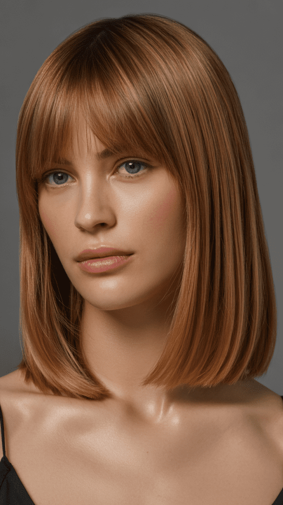 29. Long Bob with Curtain Bangs and Glossy Finish