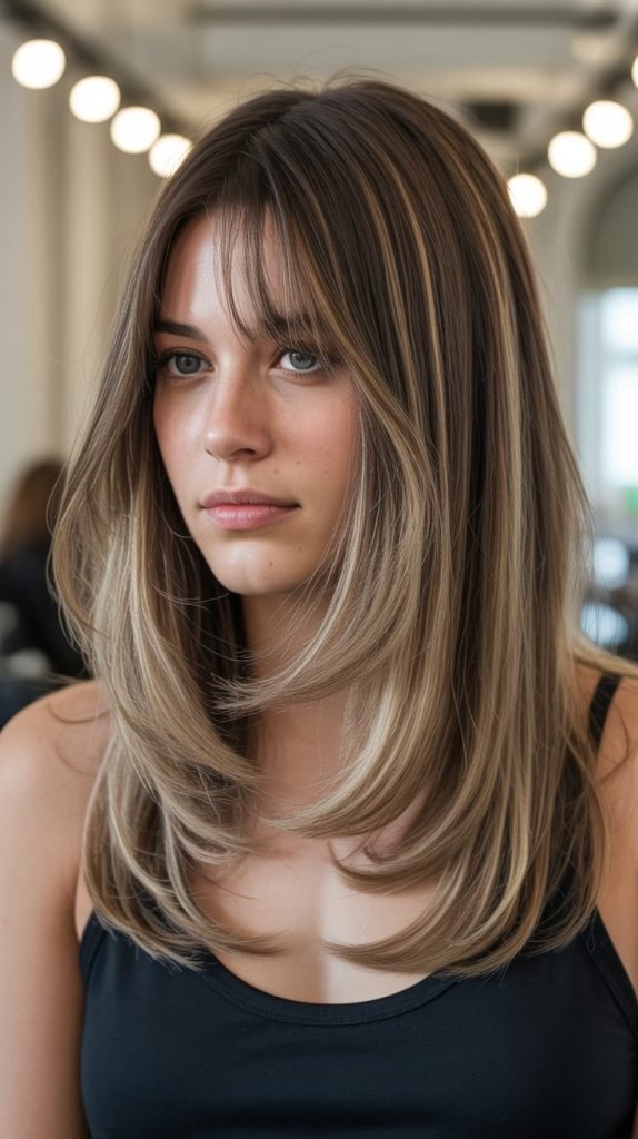 11. Long Bob with Curtain Bangs and Balayage