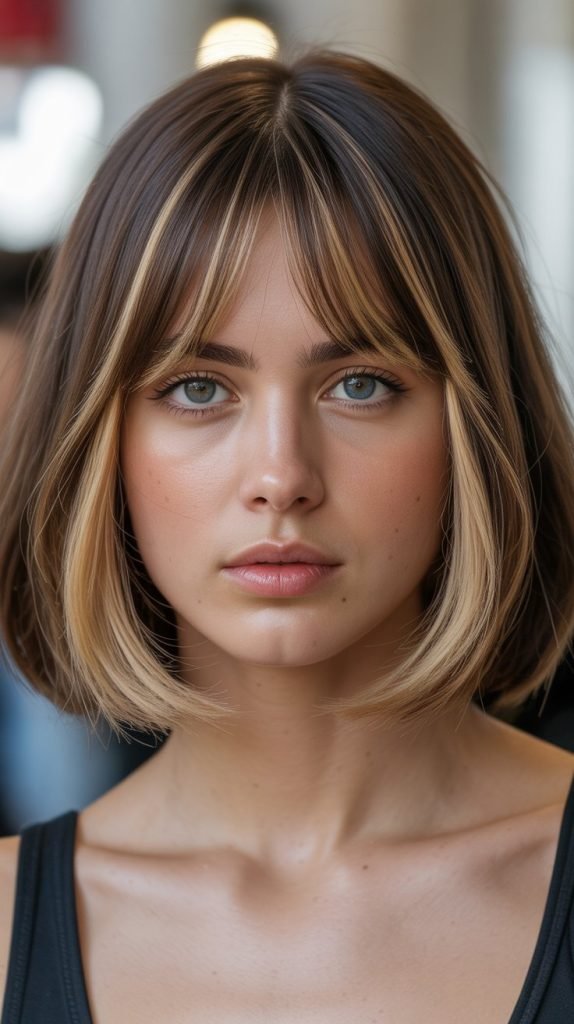 12. Long Bob with Curtain Bangs and Face-Framing Highlights