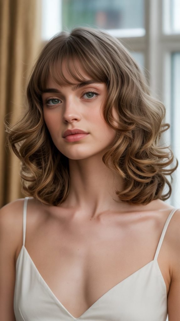 25. Long Bob with Curtain Bangs and Soft Curls