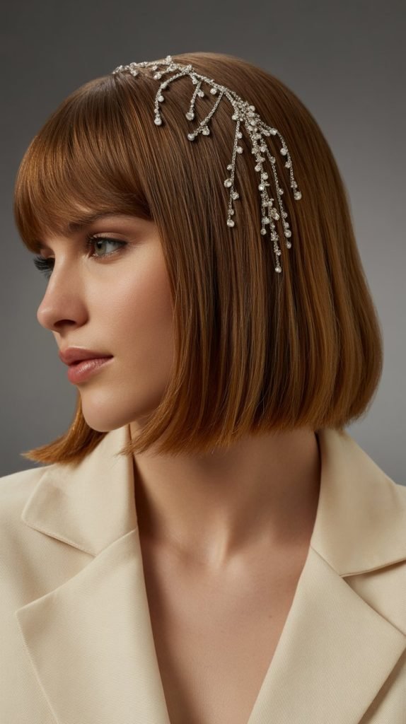 23. Long Bob with Curtain Bangs and Hair Jewelry