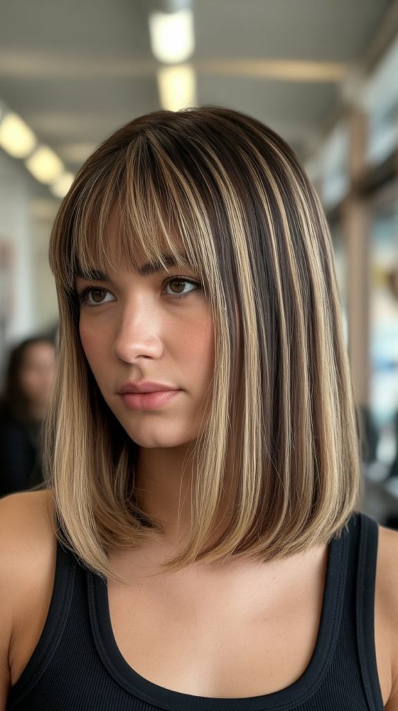 26. Long Bob with Curtain Bangs and Money Pieces