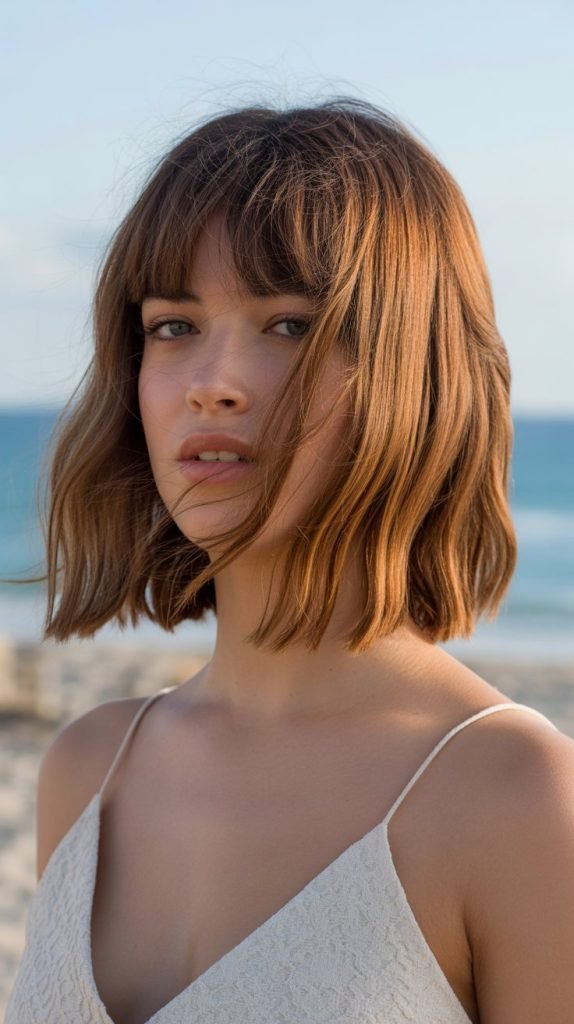 17. Long Bob with Curtain Bangs and Beach Waves