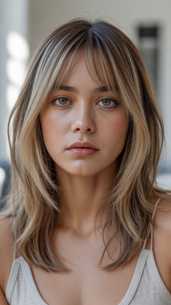 19. Long Bob with Curtain Bangs and Babylights