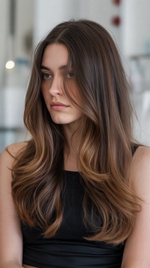 2. Caramel Balayage with Dark Roots
