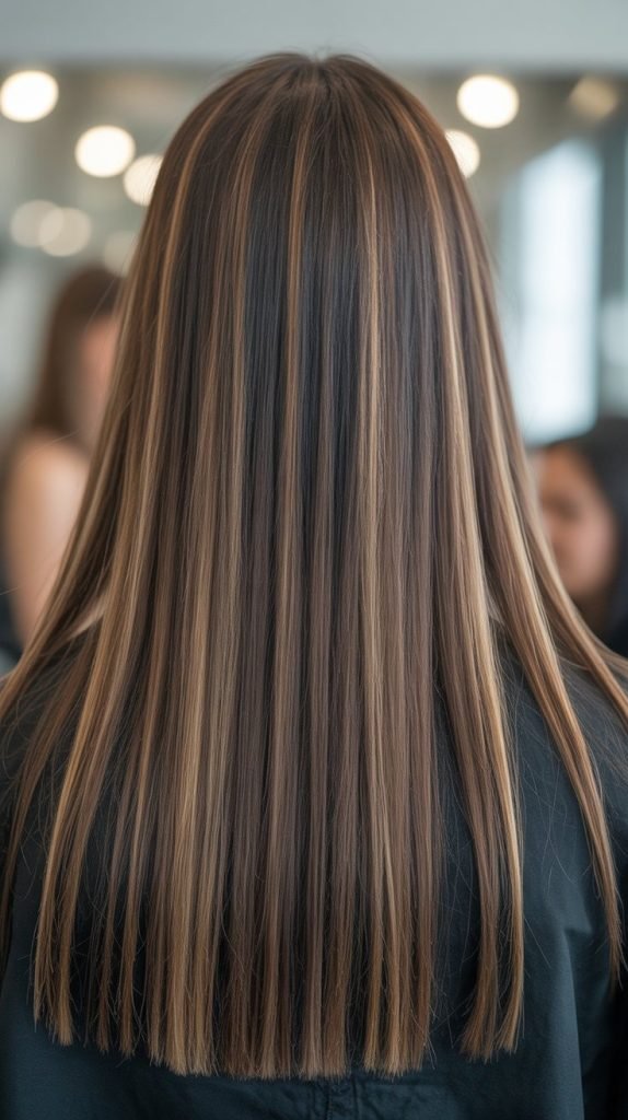 23. Blonde Highlights on Straight Dark Brown Hair