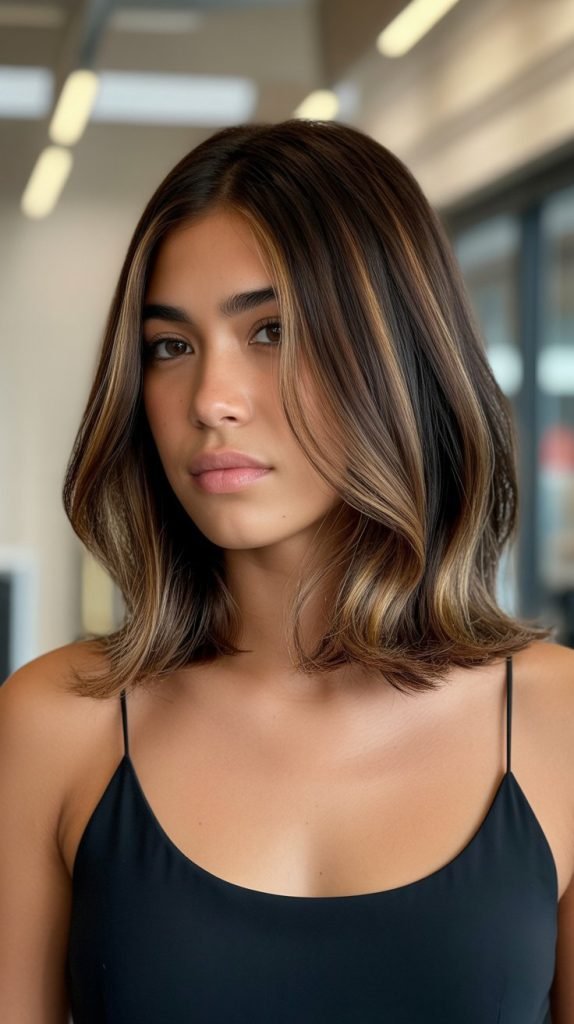 25. Caramel Highlights on Shoulder-Length Brunette Hair