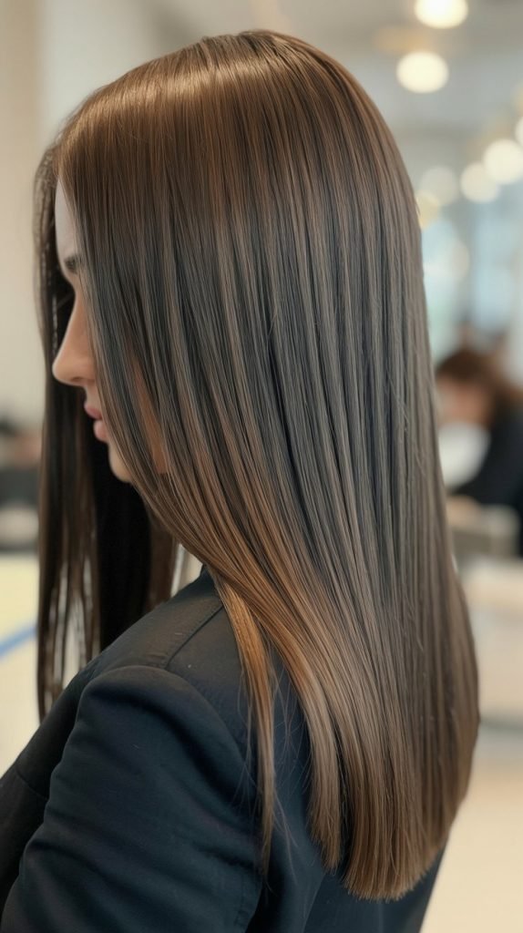 29. Ash-Brown Highlights on Straight Hair