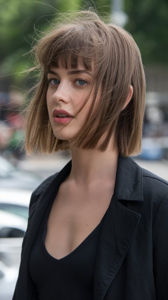 4. Textured Long Bob with Piecey Curtain Bangs